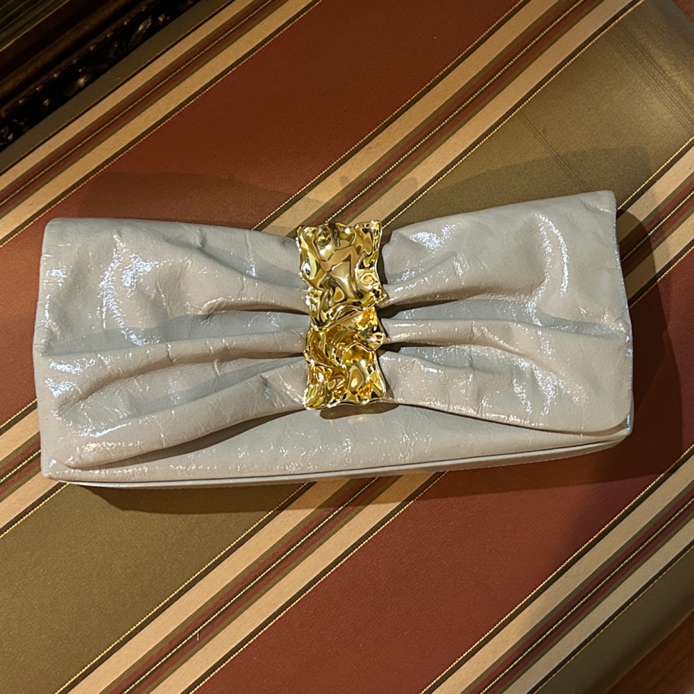 Alexis Bittar Elegant Dark Beige Clutch with Gold Accent